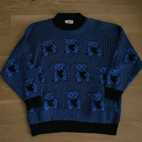 Vintage Adele Sweater Womens Large Blue Teddy Bear All Over Pullover 80s 90s USA - Picture 1 of 6